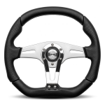 <VOLANTE TREK R IN PELLE NERA RAZZA CROM.+ ARG. D. 350mm CUCIT. BIANCA